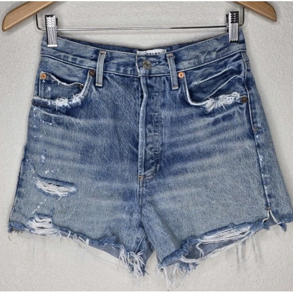 AGOLDE Parker Button Fly High Rise Distressed Denim Shorts 26 Raw Hew Festival